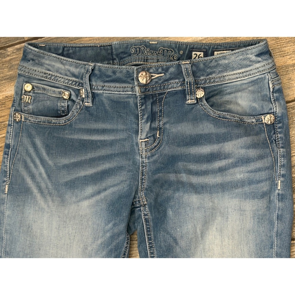Miss Me Signature Bootcut Jeans Medium Wash Bling Flap Size 26x28 Short Y2K - Picture 3 of 12